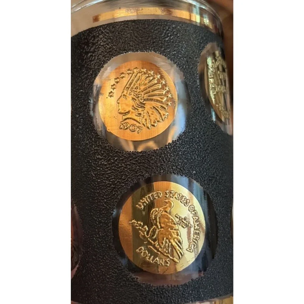 Vintage Libbey Whiskey Clear Glass Black Texture Gold Patriotic Medallions